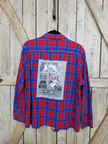 Repurposed Flannel Shirt with Peanuts Fourth of July Patch