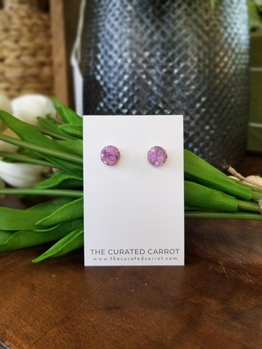 Gold Pink Druzy Stud Earrings