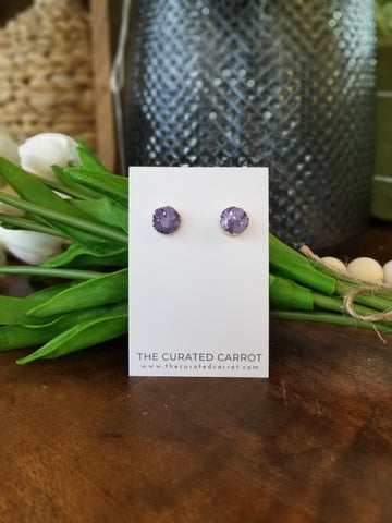 Gold Purple Druzy Stud Earrings