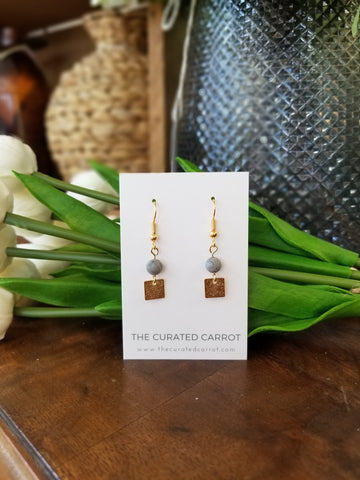 Gold Square with Marbled Grey Bead Drop Earrings