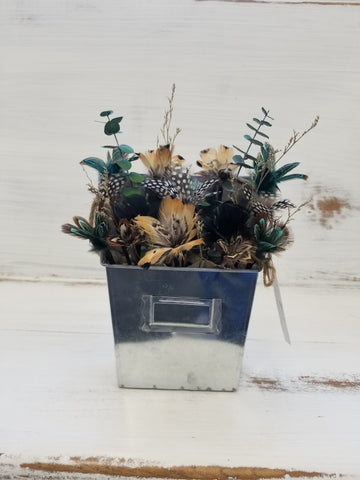 Pheasant + Mallard Duck + Guinea Fowl Feather Flower Arrangement - Hanging Planter