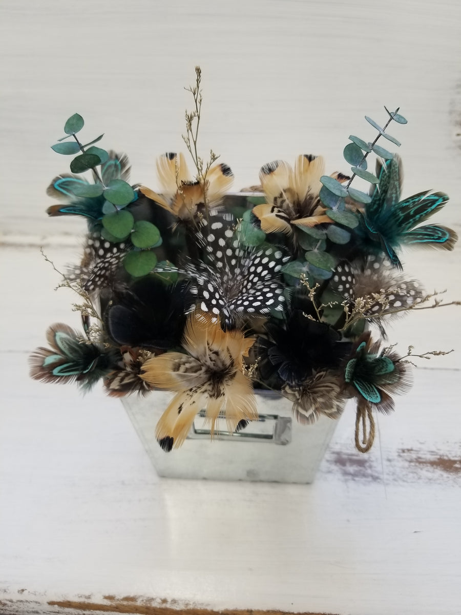 Pheasant + Mallard Duck + Guinea Fowl Feather Flower Arrangement - Hanging Planter