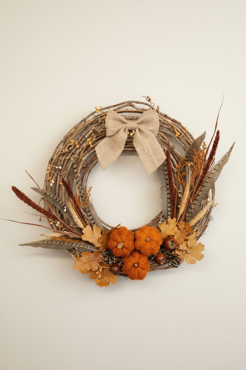 Pheasant Feather Flat Wreath - Pumpkins