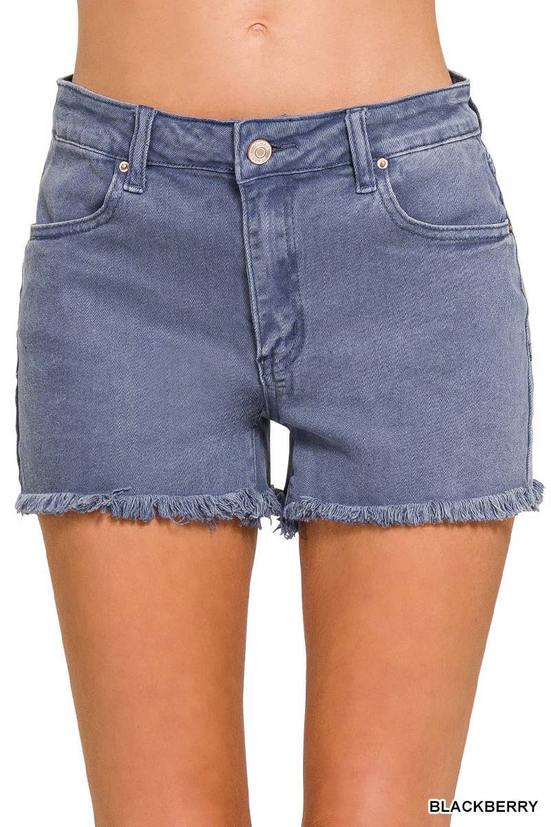 Washed Frayed Cutoff Hem Shorts - Blackberry