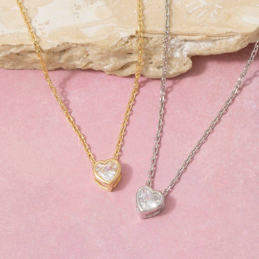 Heart Cz Pendant Chain Necklace: Silver