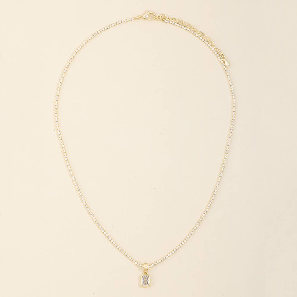 Pave Tennis Chain Rectangle Bezel Cz Pendant Necklace: Gold