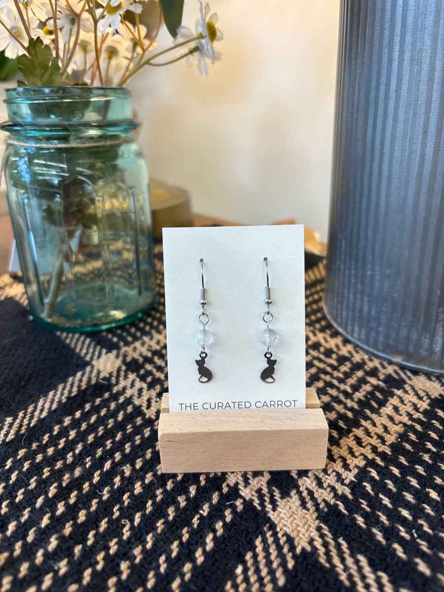 Silver Tiny Cat with Clear Bead Drop Earrings