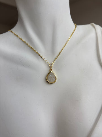 Gold Dainty White Teardrop Druzy Necklace