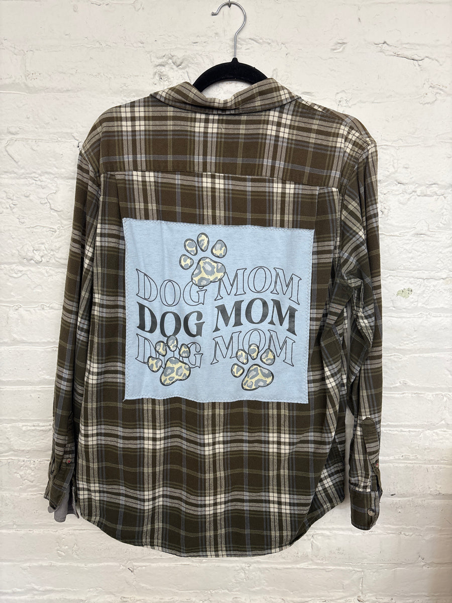 Repurposed Flannel Shirt with Dog Mom Patch