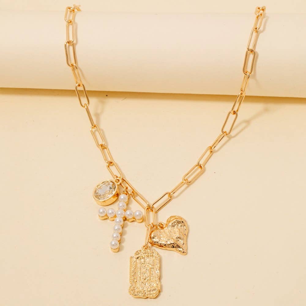 Pearl Pave Cross And Heart  Charms Chain Necklace