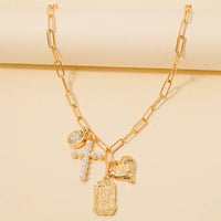 Pearl Pave Cross And Heart  Charms Chain Necklace