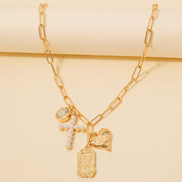Pearl Pave Cross And Heart  Charms Chain Necklace