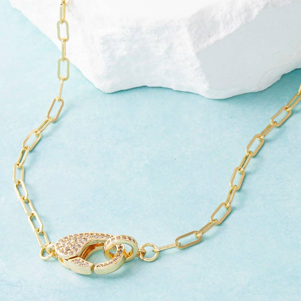 Pave Carabiner Clasp Paperclip Chain Necklace: Gold