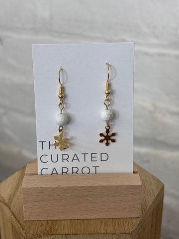Gold Snowflake with White Bead Drop Earrings