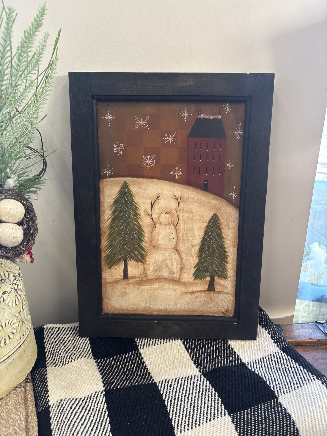 Hand Painted Snowman + House Picture