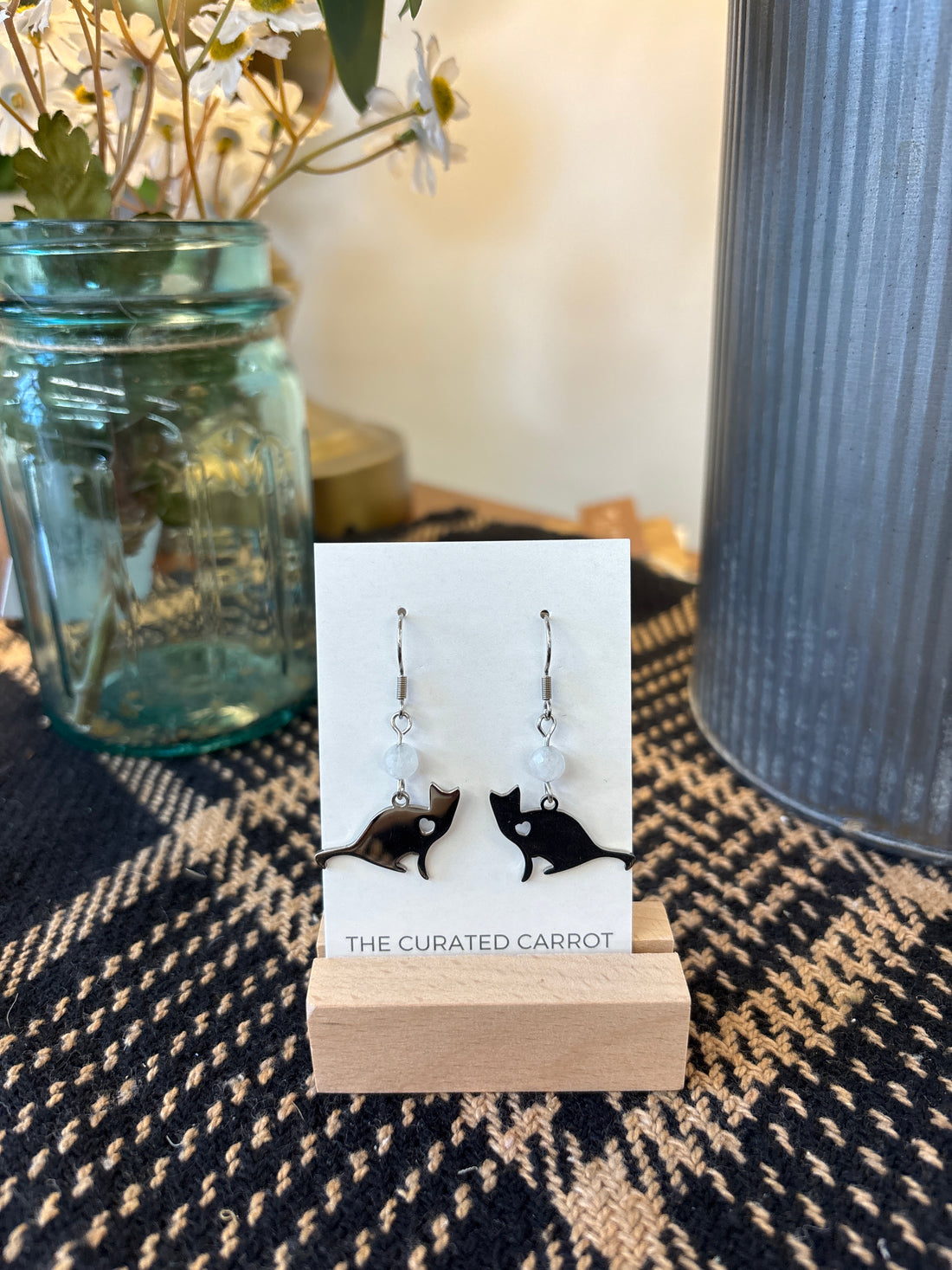 Silver Sitting Cat with Cloudy Clear Bead Drop Earrings