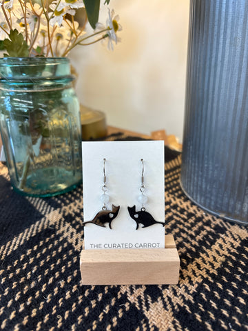 Silver Sitting Cat with Cloudy Clear Bead Drop Earrings