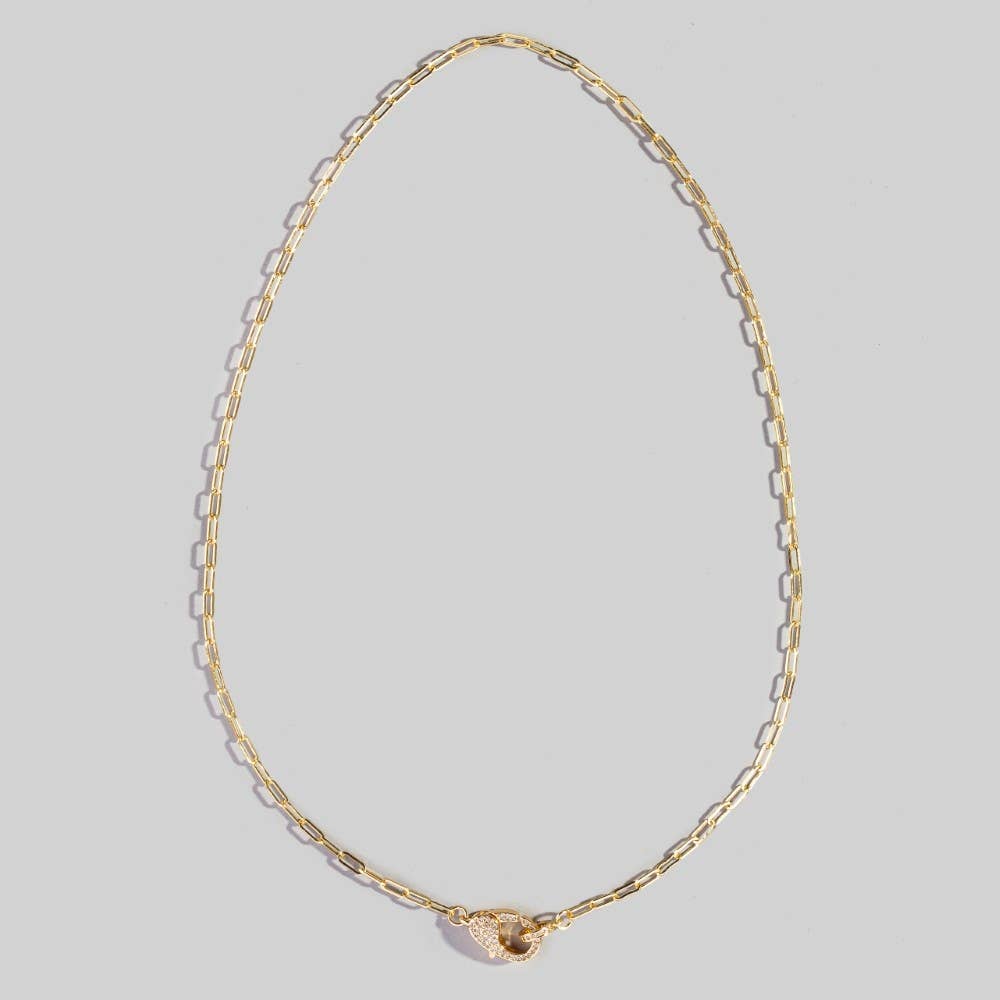 Pave Carabiner Clasp Paperclip Chain Necklace: Gold