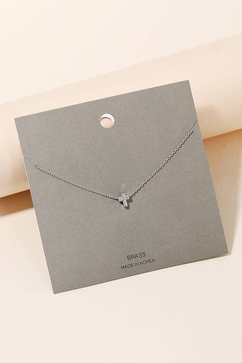 Mini Pave Cross Charm Necklace: Silver