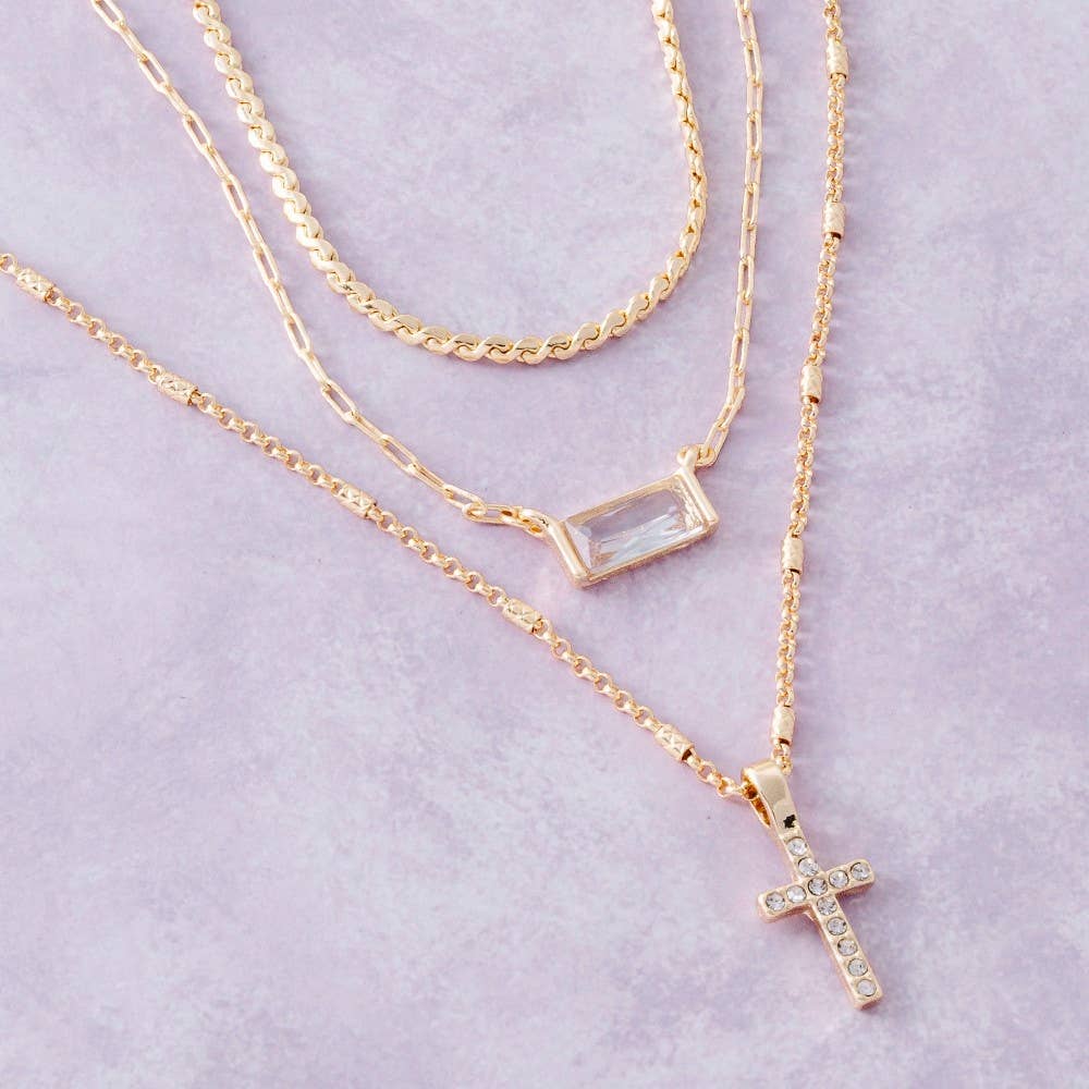 Triple Layered Chain Pave Cross Pendant Necklace: Gold