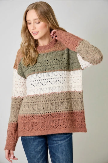 Color Blocked Pointelle Sweater - Latte Olive
