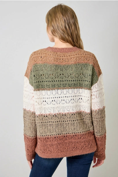 Color Blocked Pointelle Sweater - Latte Olive