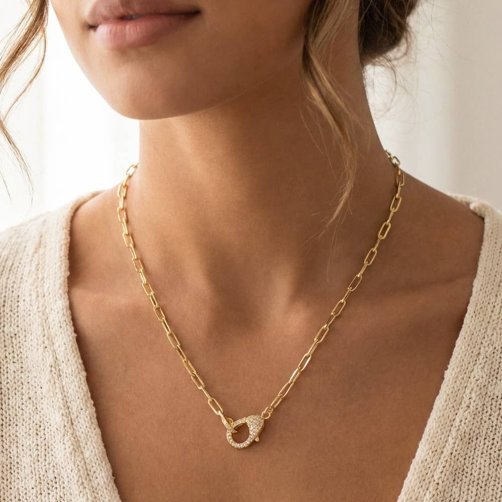 Pave Carabiner Clasp Paperclip Chain Necklace: Gold