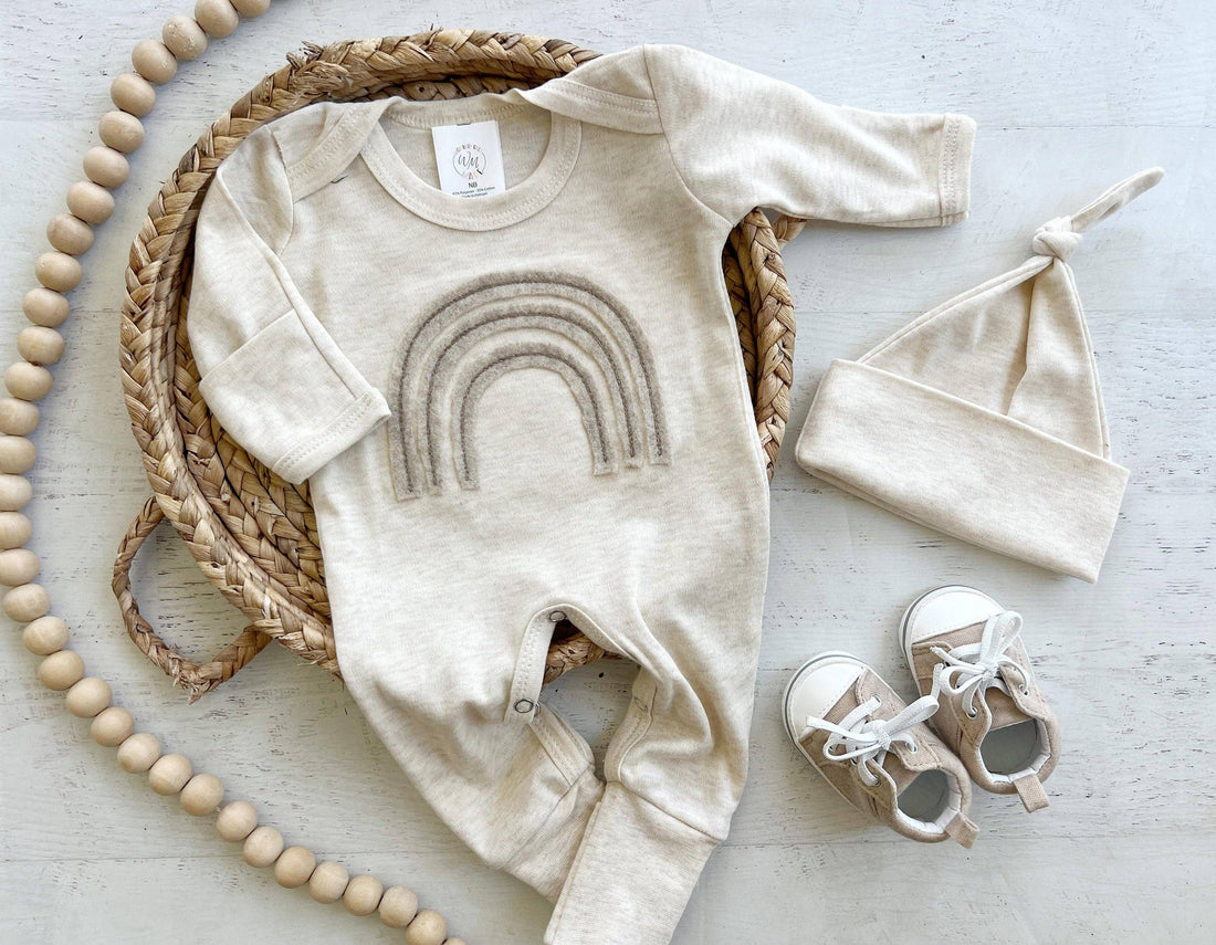 Gender Neutral Baby Outfit | Oatmeal Romper Felt Rainbow