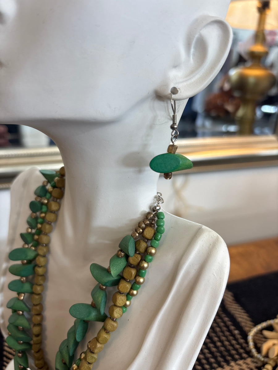 Green Beaded Necklace + Earring Set