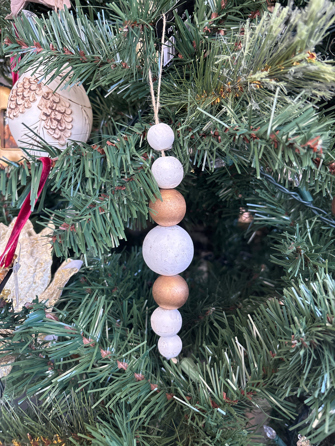 Gold White Wood Bead Ornament