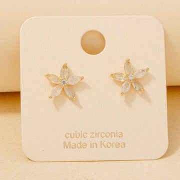 Gold Dipped 5 Petal Cubic Zirconia Flower Stud Earrings