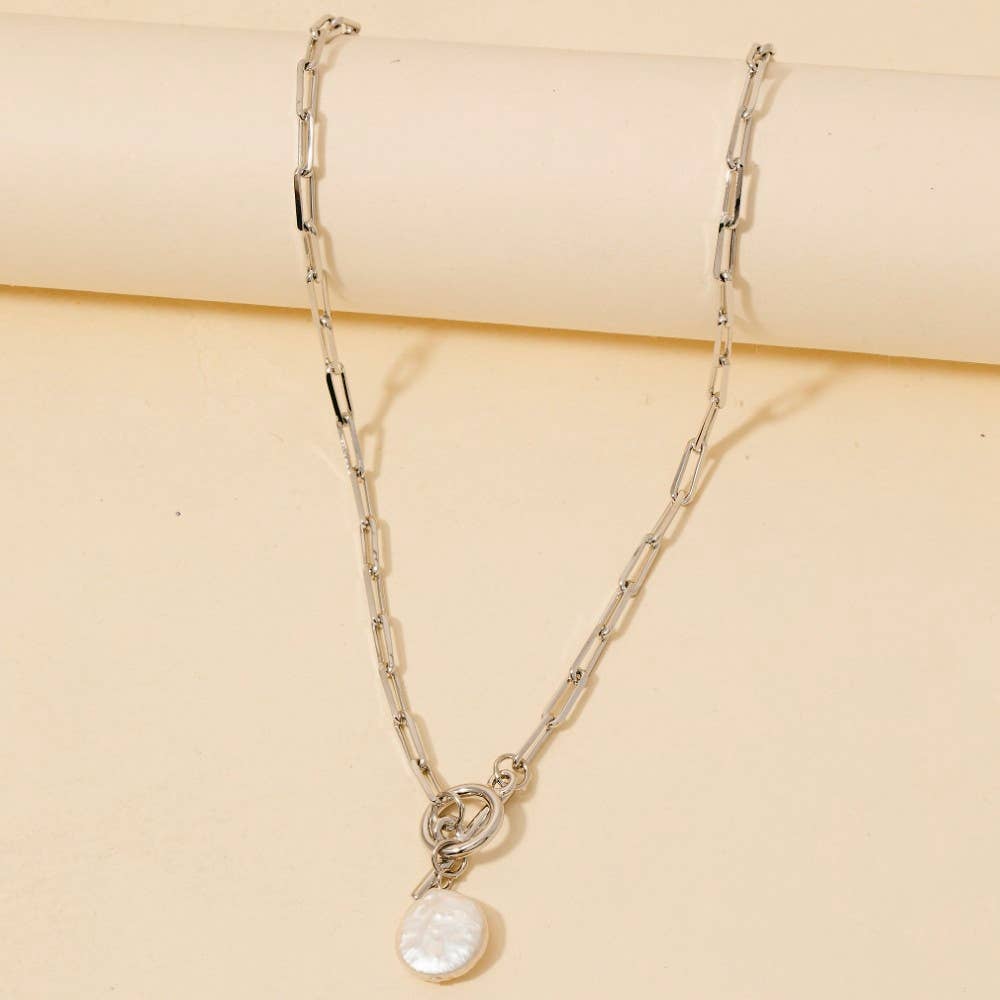 Toggle Chain Link Disc Pearl Charm Necklace - Gold