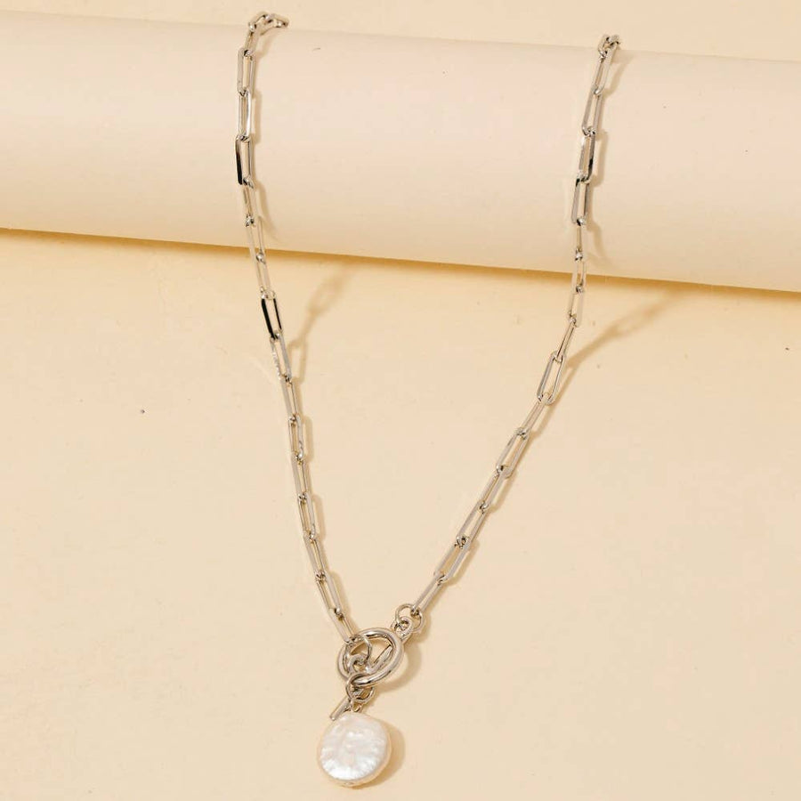 Toggle Chain Link Disc Pearl Charm Necklace - Gold