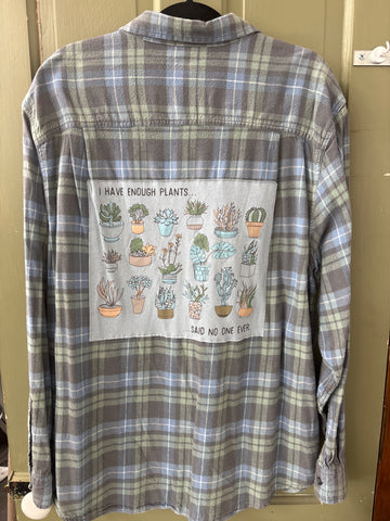 Repurposed Flannel Shirt with Enough Plants Patch
