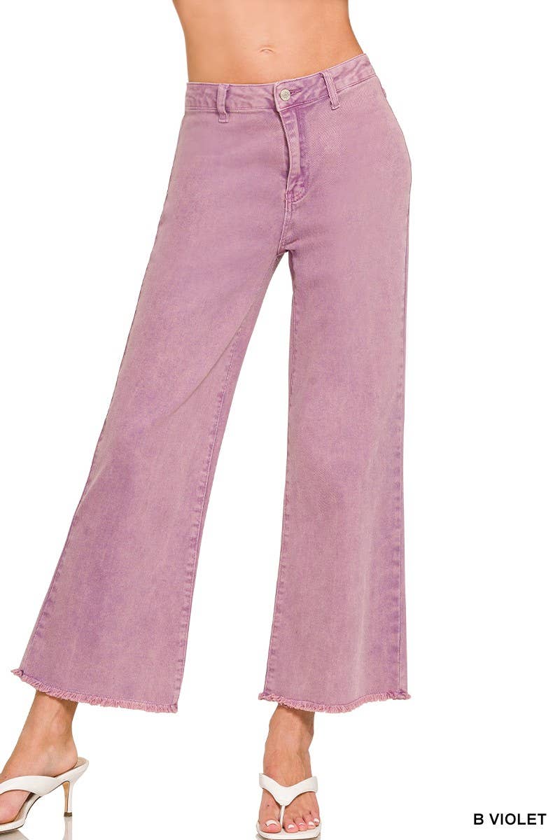Acid Washed Frayed Cutoff Hem Straight Wide Pants - Violet