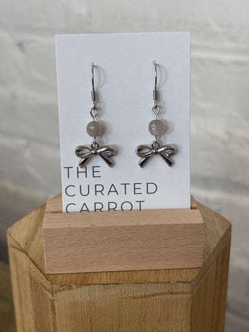 Silver Bow with Smoky Bead Drop Earrings
