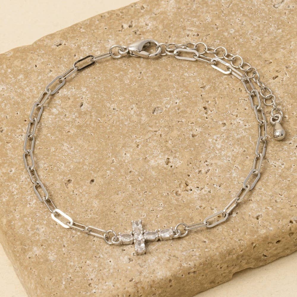Gold Dipped Cubic Zirconia Cross Dainty Chain Bracelet