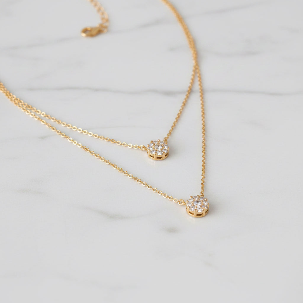 Gold Dipped Double Cz Disc Charms Chain Necklace: Gold