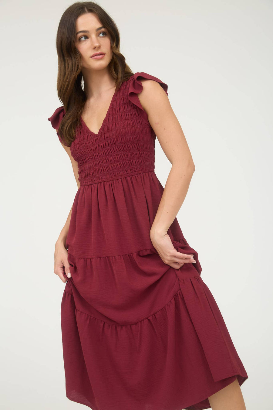 Flutter Sleeve Dress - Burgundy