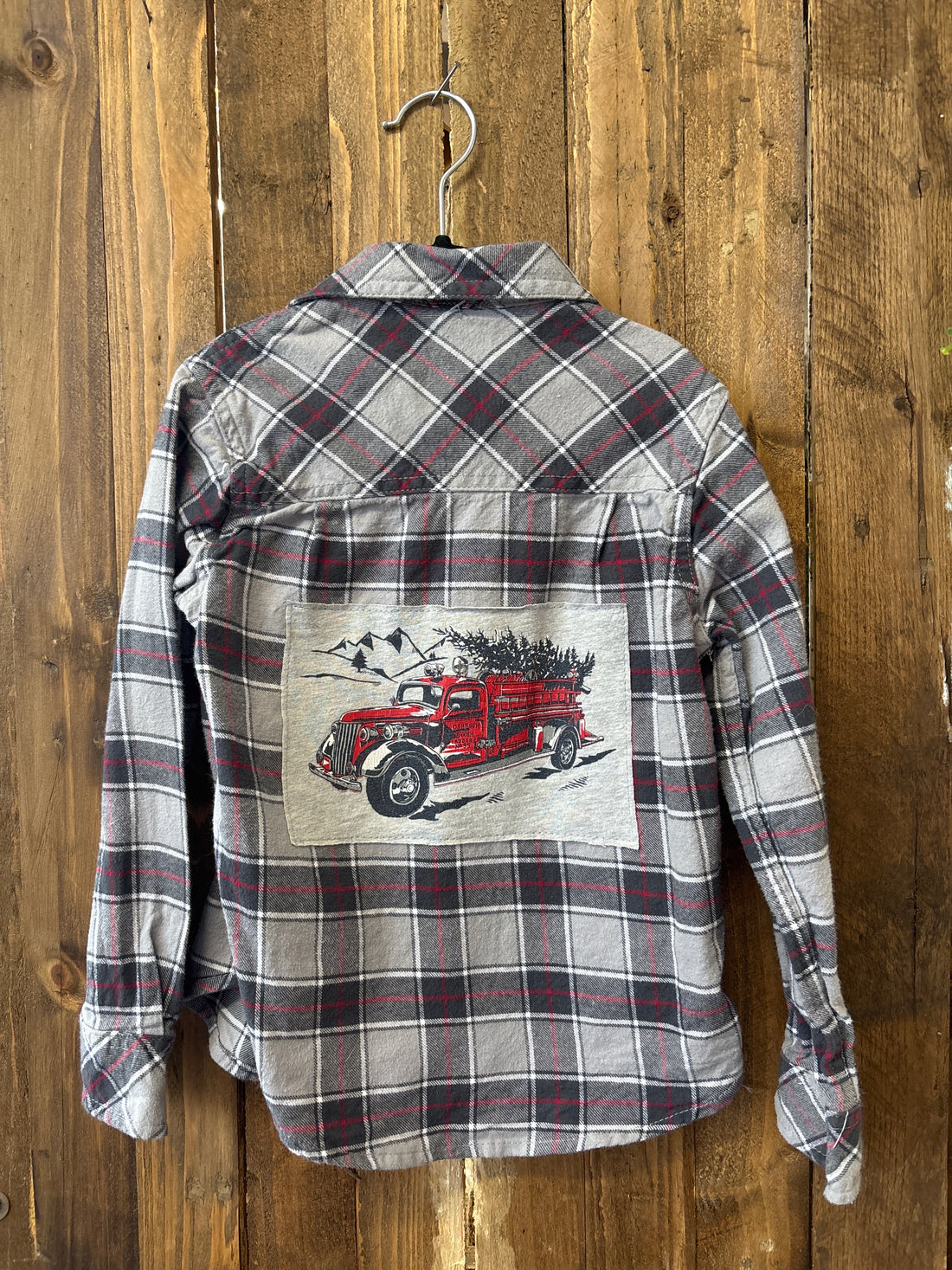 Repurposed Kid's Flannel with Firetruck + Tree Patch