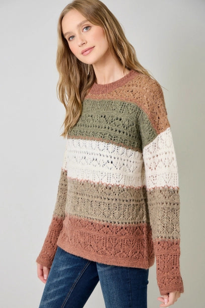 Color Blocked Pointelle Sweater - Latte Olive