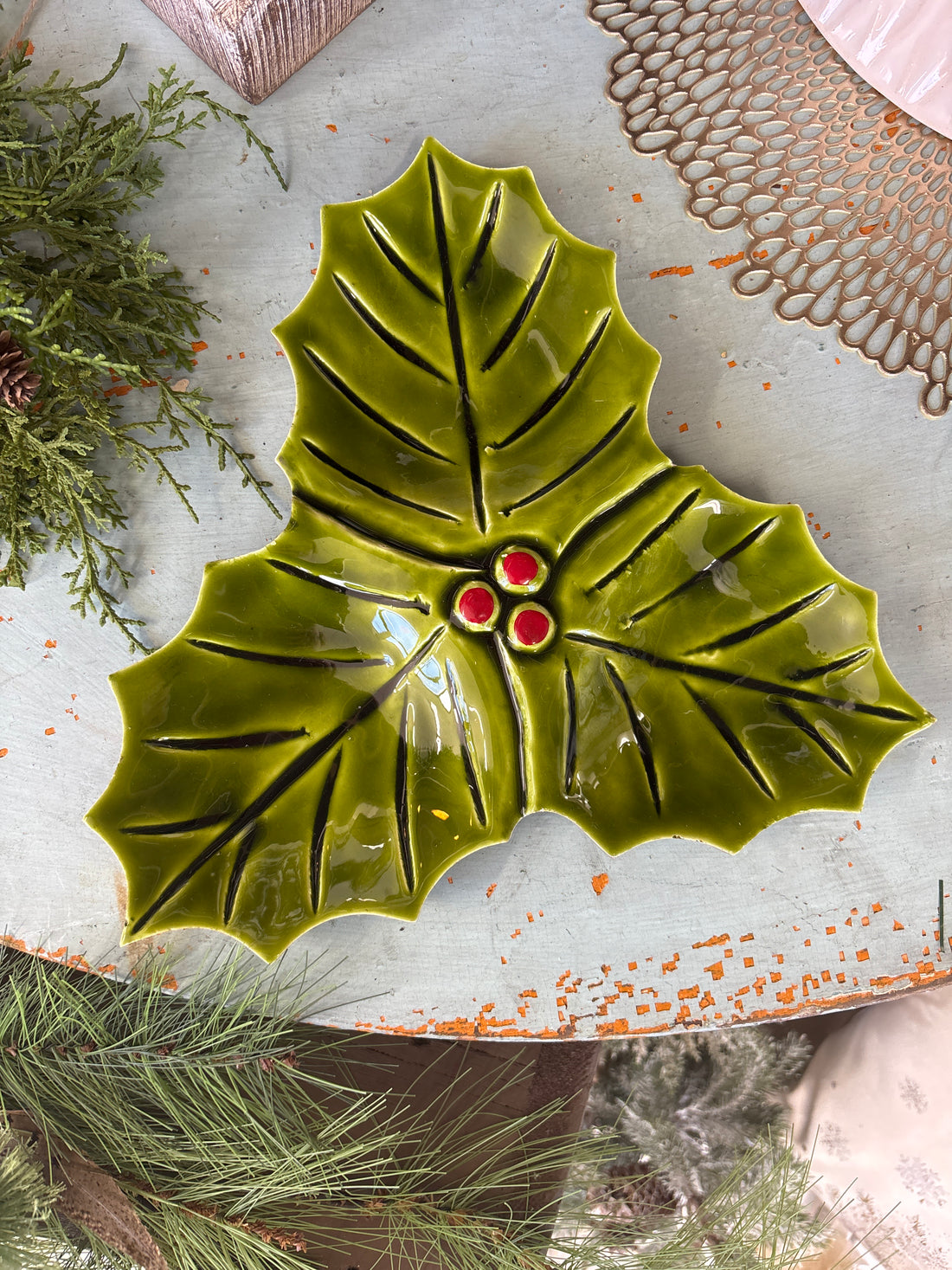 Wooden Holly Leaf Dish