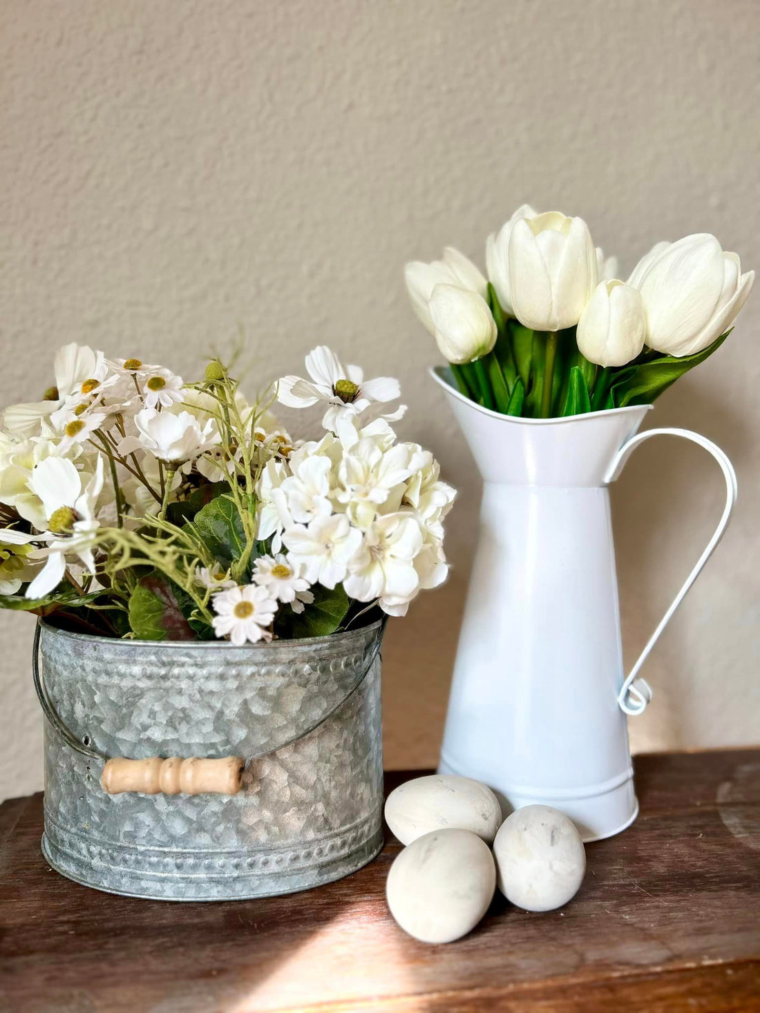 Tulips in White Pitcher Arrangement