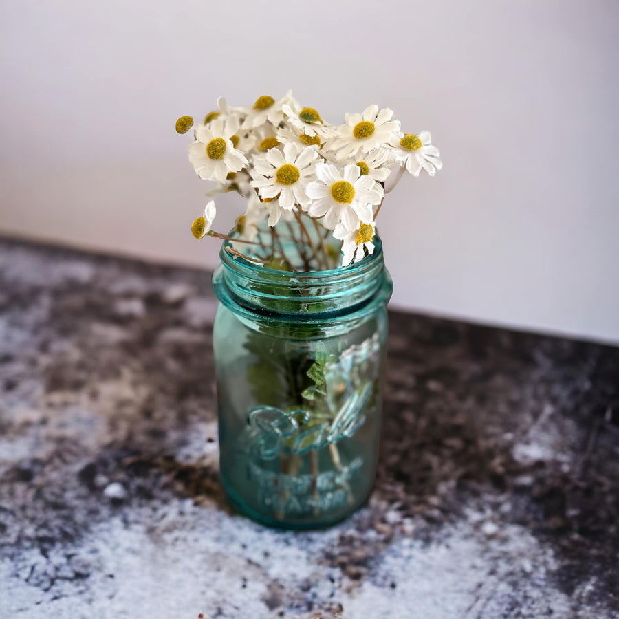 Mini Daisy + Ball Blue Jar Arrangement