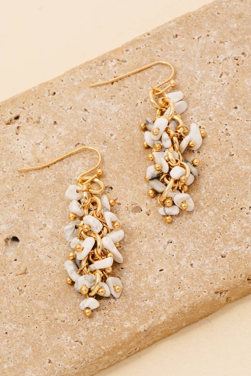 Pebble Stone Beaded Fringe Dangle Earrings: Howlite