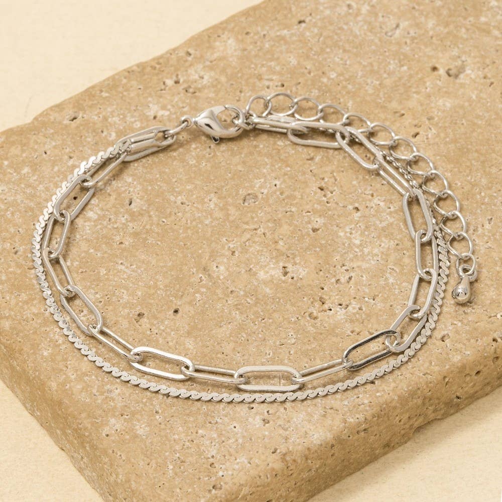 Two Row Rope Chain And Oval Chain Bracelet