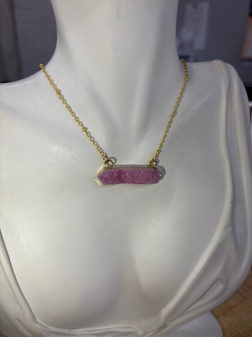 Gold Pink Druzy Bar Necklace