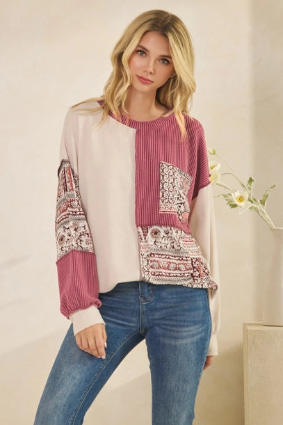 Patchwork Knit Pullover Top - Oatmeal + Burgundy