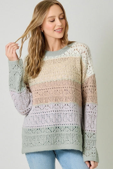 Color Blocked Pointelle Sweater - Ivory Oatmeal
