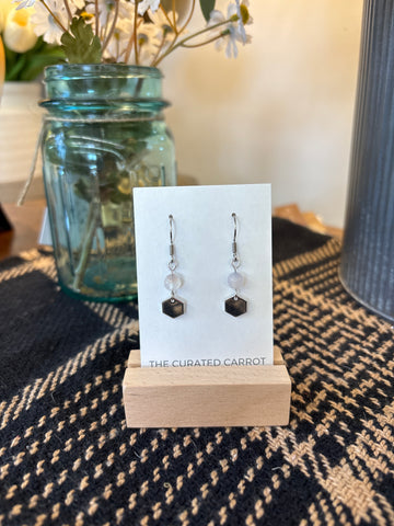 Silver Hexagon with Clear Bead Drop Earrings